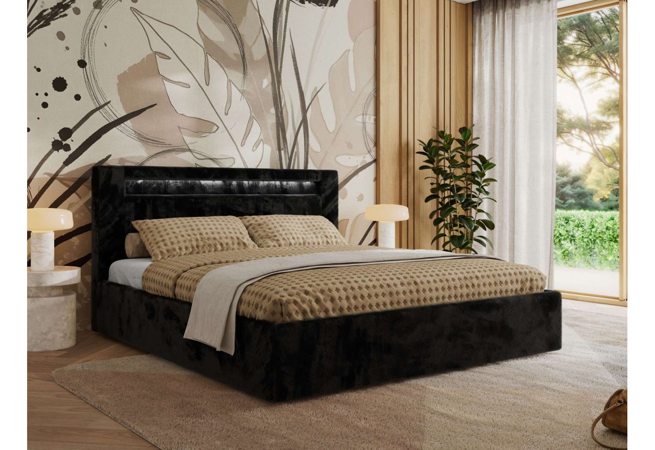 Łóżko tapicerowane GOLD 5 CLASSIC 180x200 - materac multipocket - czarny, plusz