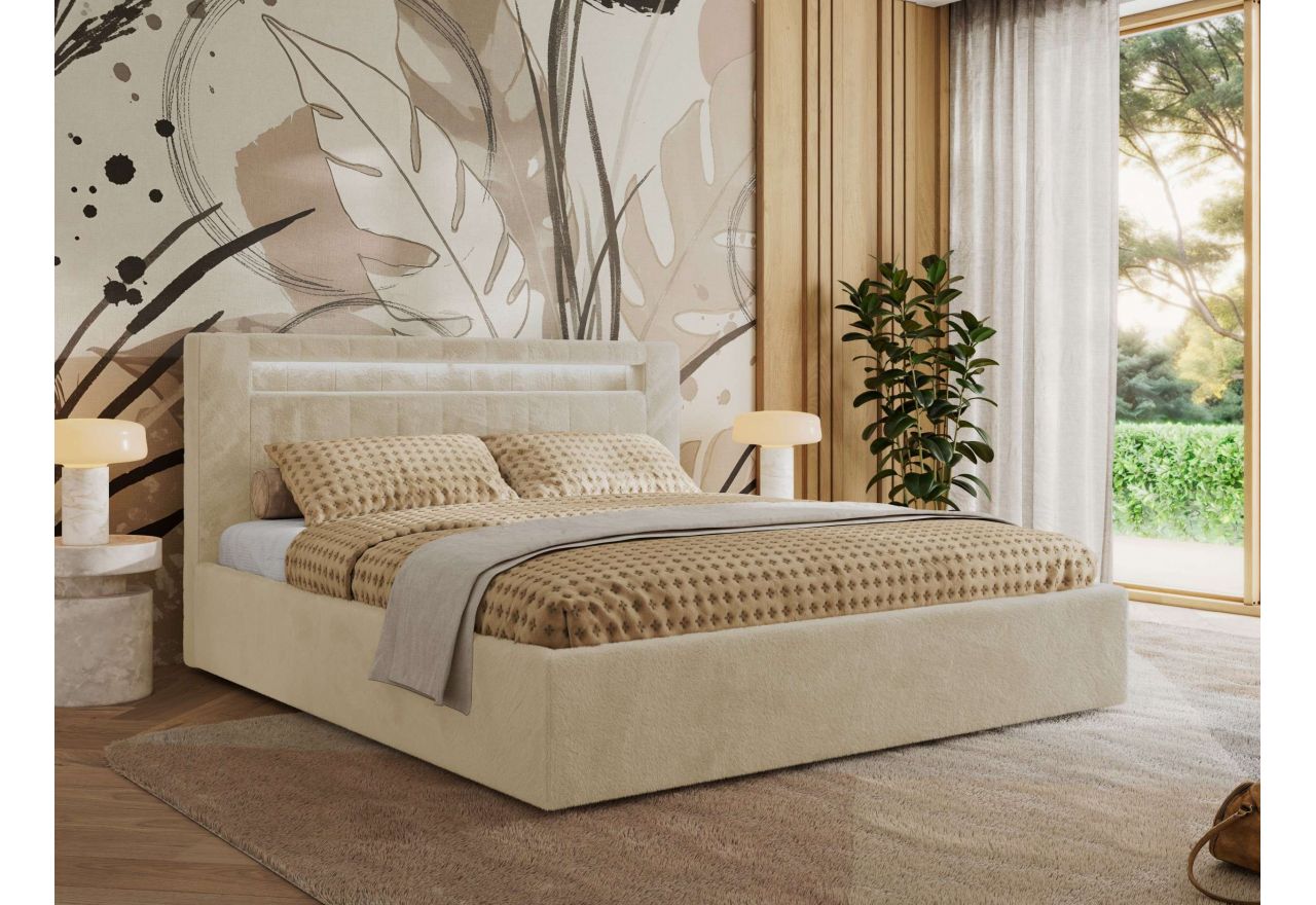 Łóżko tapicerowane GOLD 5 CLASSIC 140x200 - materac multipocket - kremowy, plusz