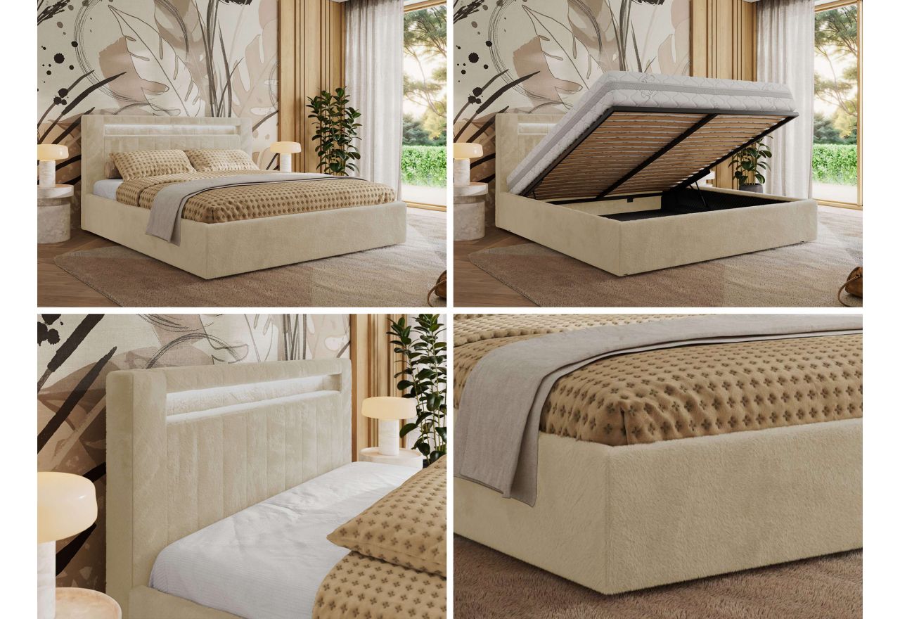 Łóżko tapicerowane GOLD 5 CLASSIC 180x200 - materac multipocket - kremowy, plusz