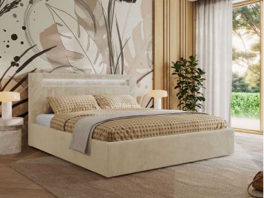 Łóżko tapicerowane GOLD 5 CLASSIC 200x200 - materac multipocket - kremowy, plusz