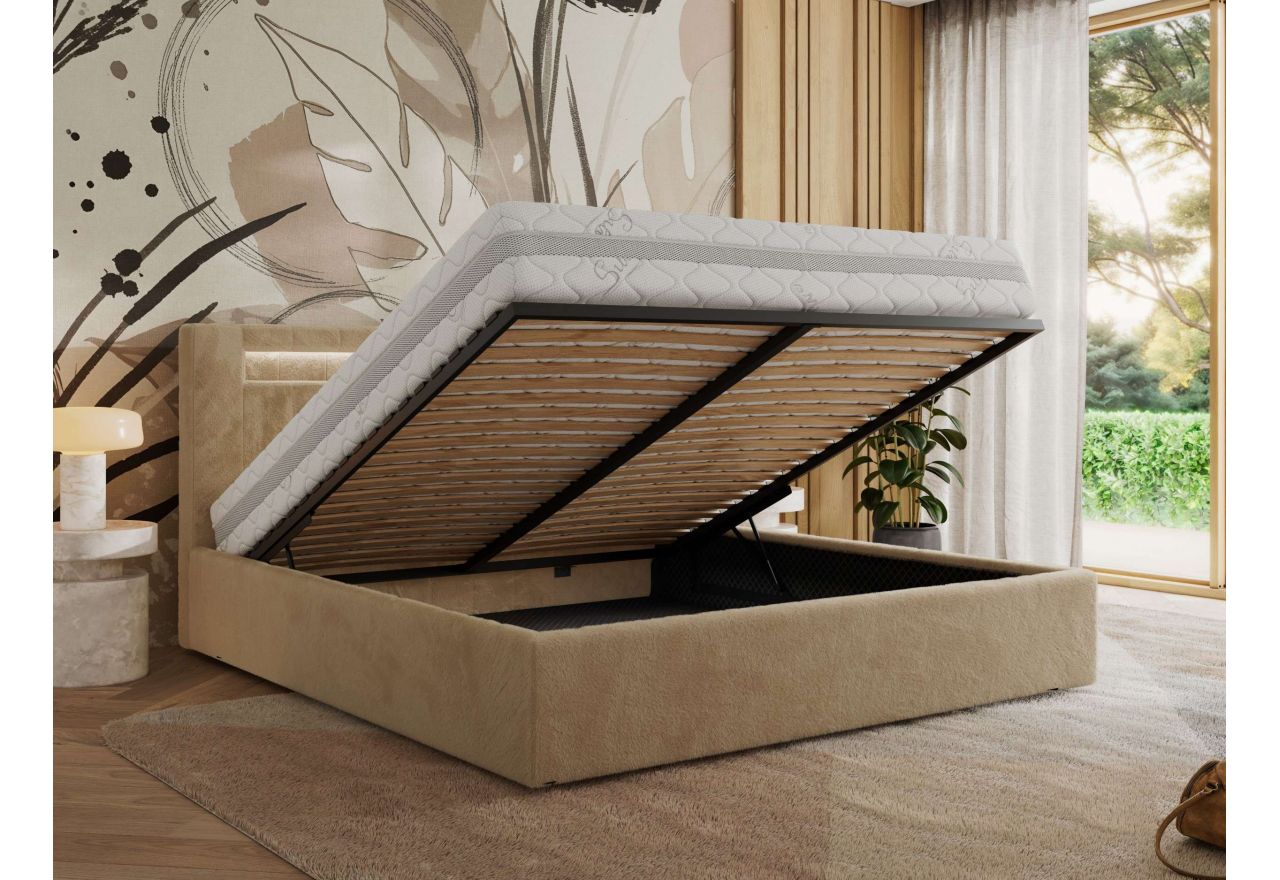 Łóżko tapicerowane GOLD 5 CLASSIC 160x200 - materac multipocket - beżowy, plusz