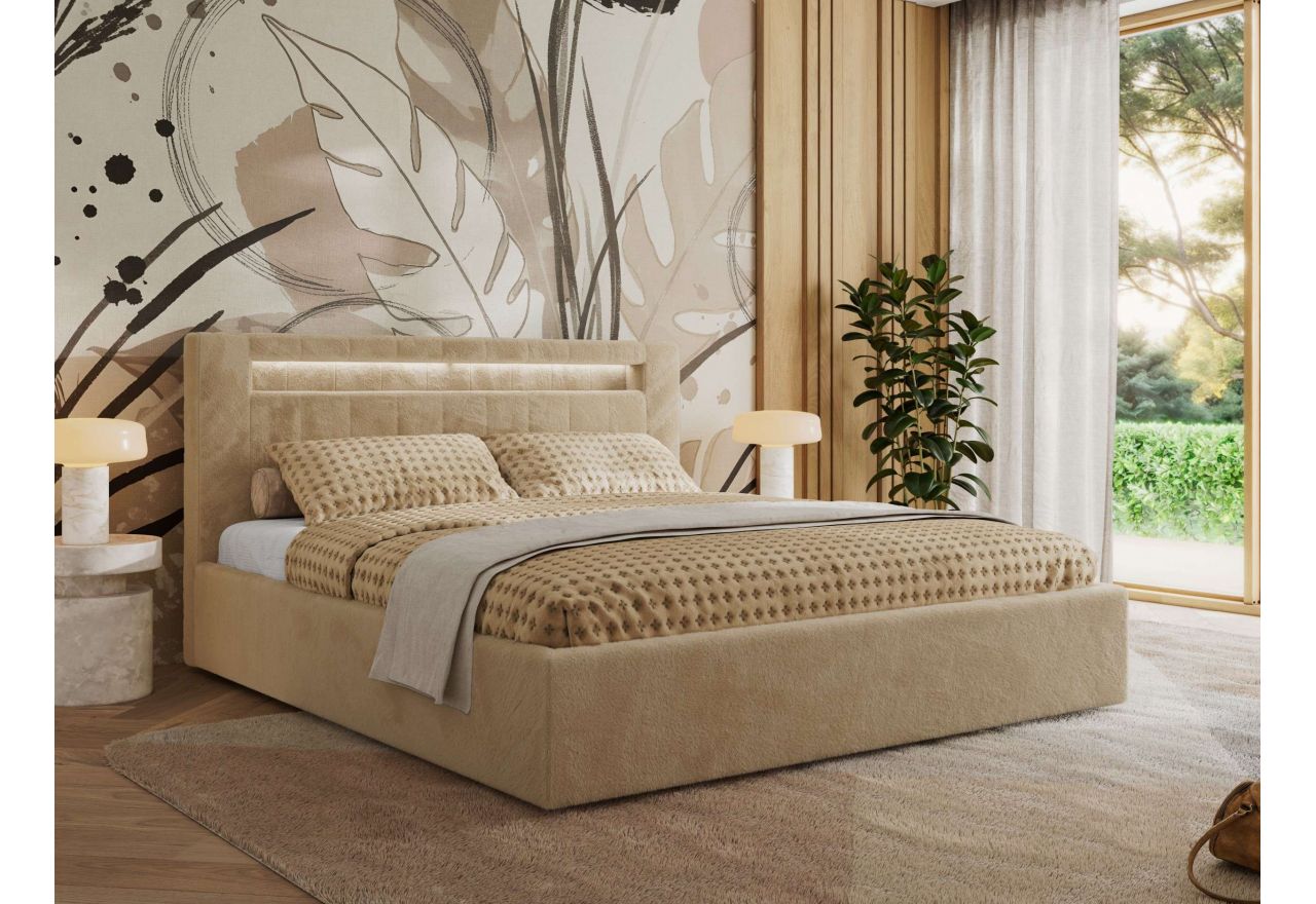 Łóżko tapicerowane GOLD 5 CLASSIC 180x200 - materac multipocket - beżowy, plusz