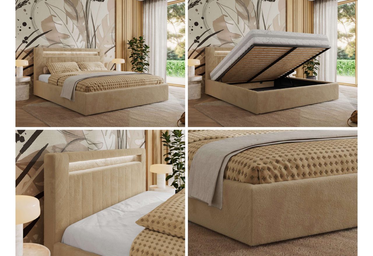Łóżko tapicerowane GOLD 5 CLASSIC 180x200 - materac multipocket - beżowy, plusz