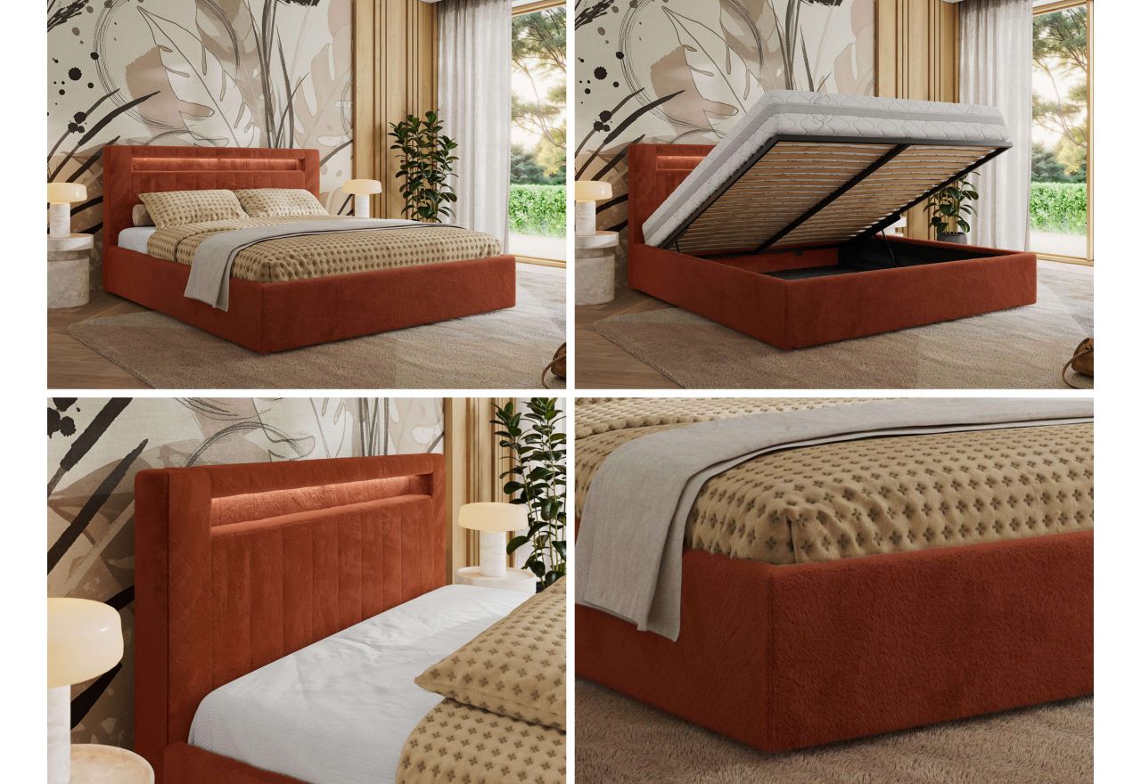 Łóżko tapicerowane GOLD 5 CLASSIC 160x200 - materac pocket - pomarańczowy, plusz