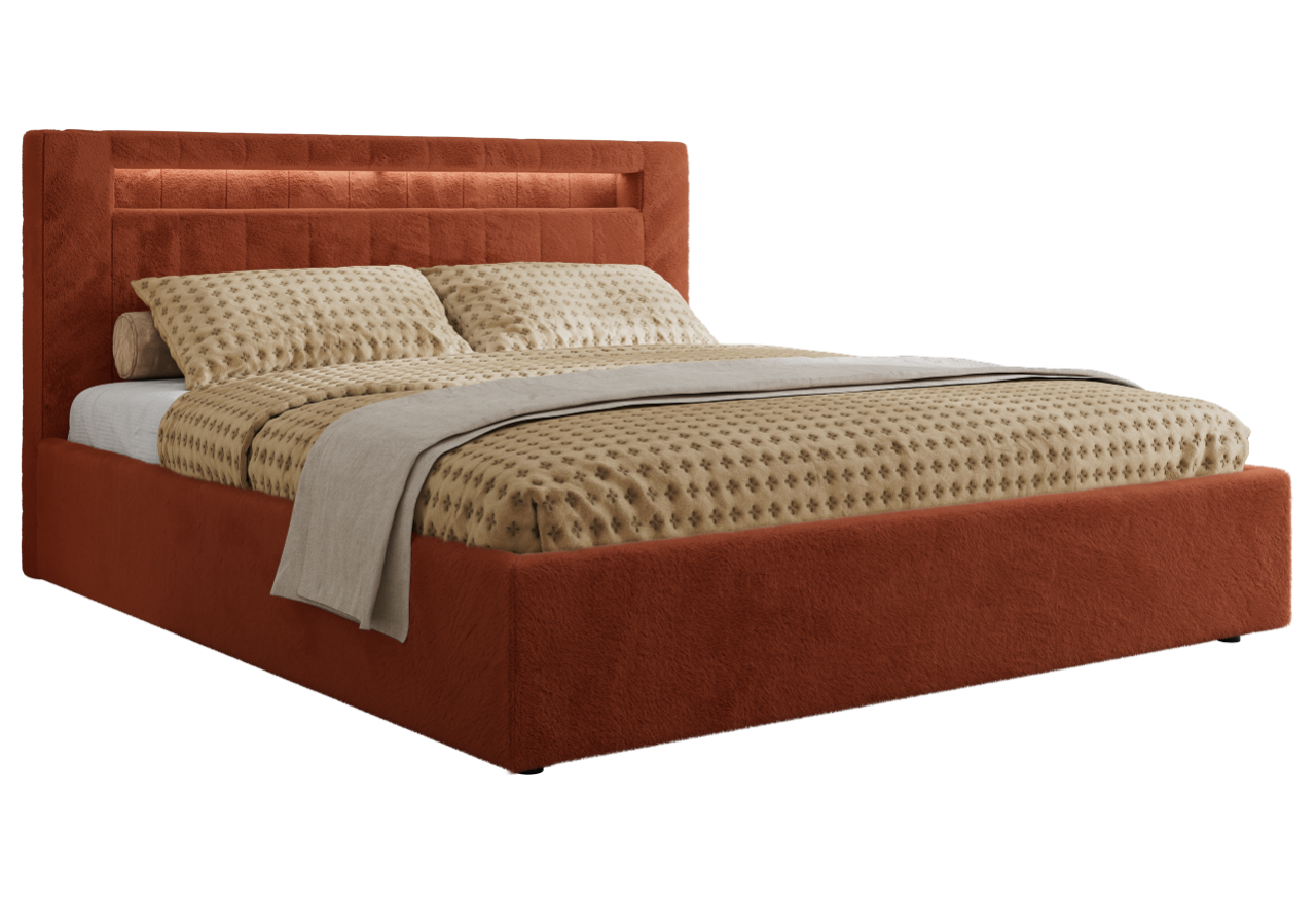 Łóżko tapicerowane GOLD 5 CLASSIC 200x200 - materac pocket - pomarańczowy, plusz