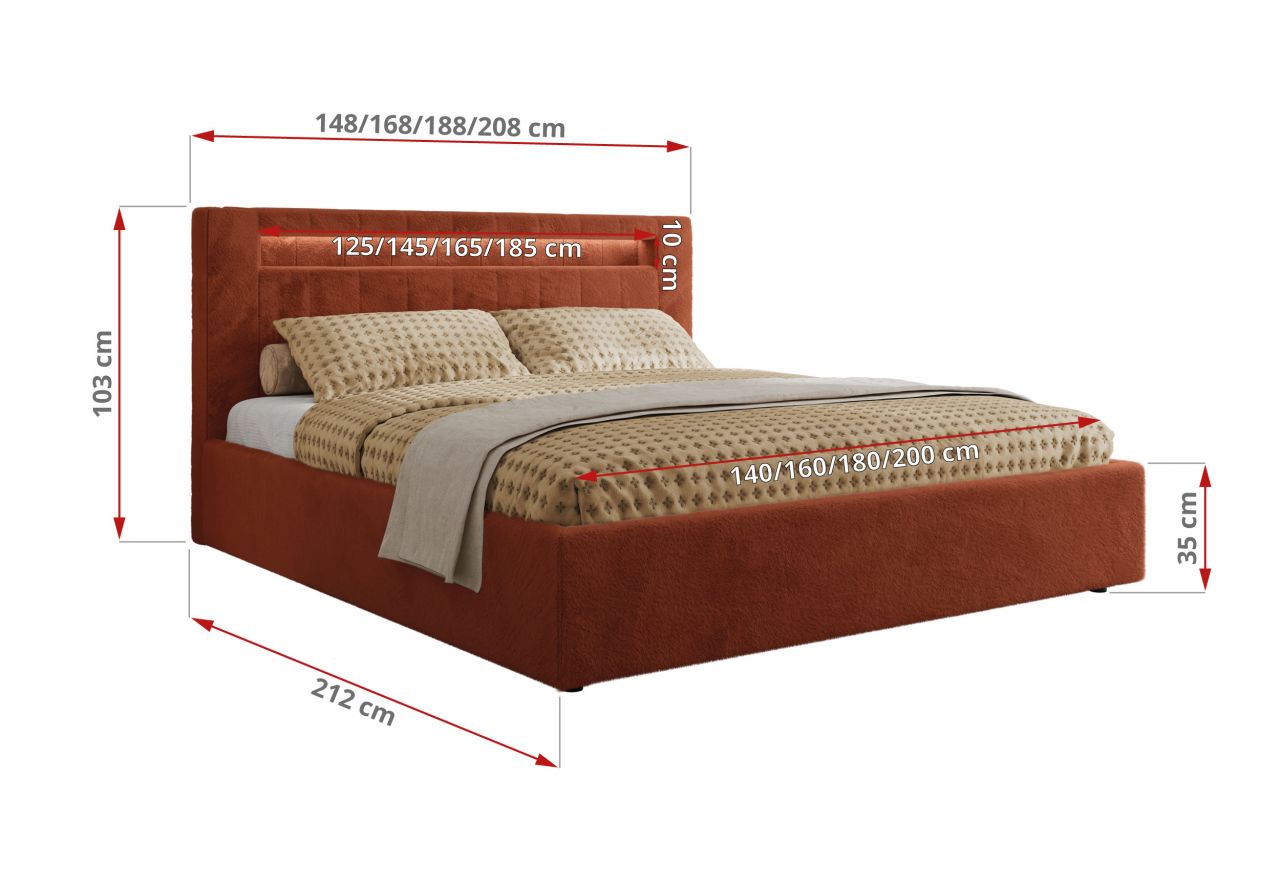 Łóżko tapicerowane GOLD 5 CLASSIC 200x200 - materac pocket - pomarańczowy, plusz