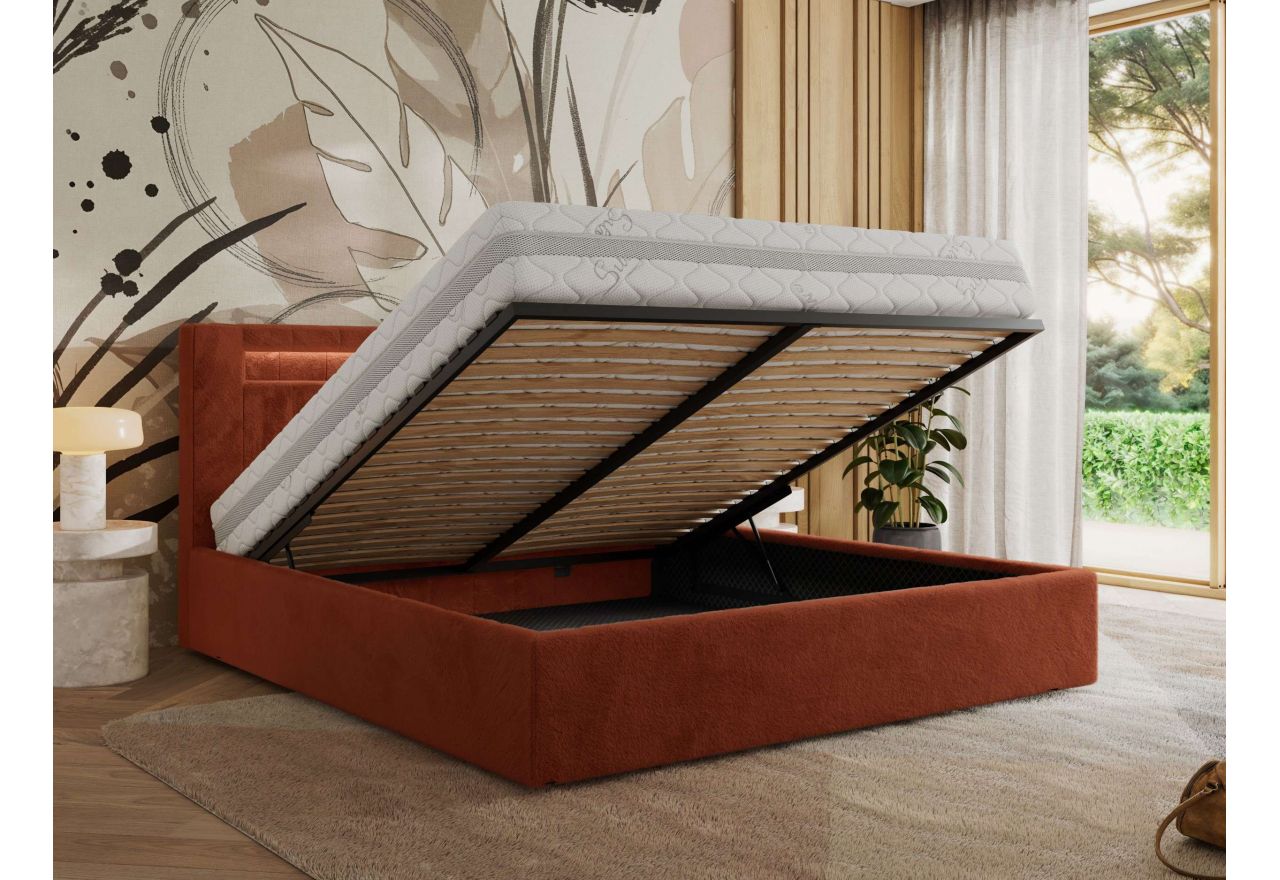 Łóżko tapicerowane GOLD 5 CLASSIC 140x200 - materac multipocket - pomarańczowy, plusz