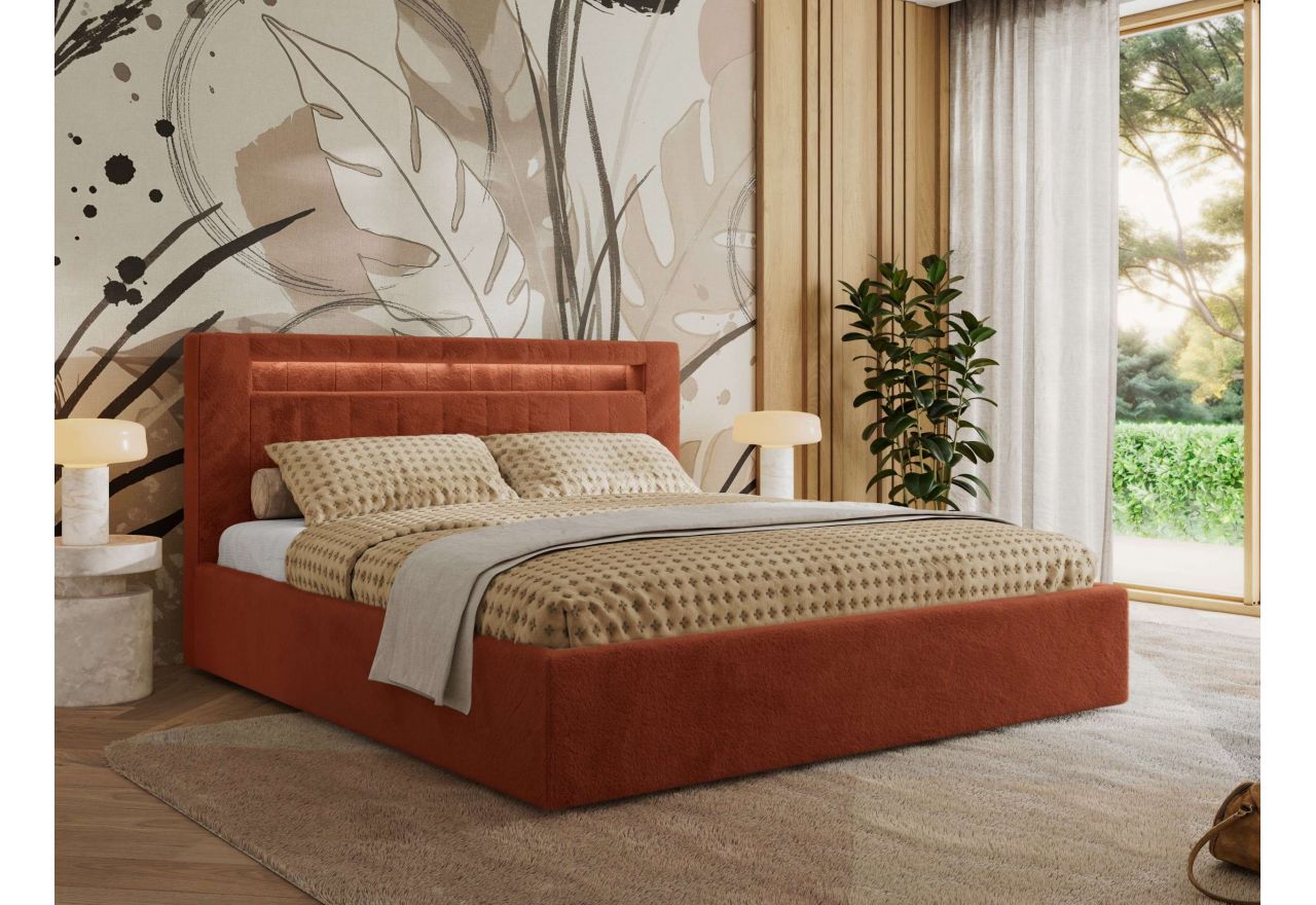 Łóżko tapicerowane GOLD 5 CLASSIC 160x200 - materac multipocket - pomarańczowy, plusz