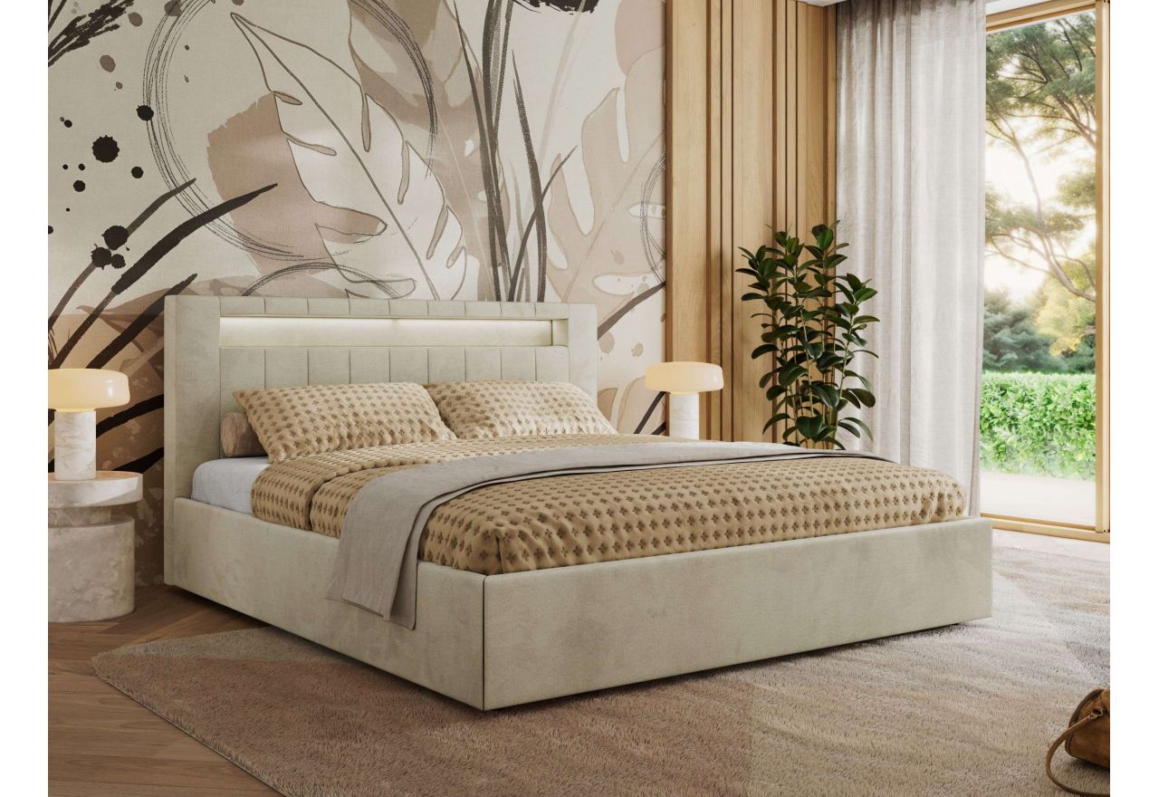 Łóżko tapicerowane GOLD 5 CLASSIC 160x200 - materac pocket - beżowy, welwet