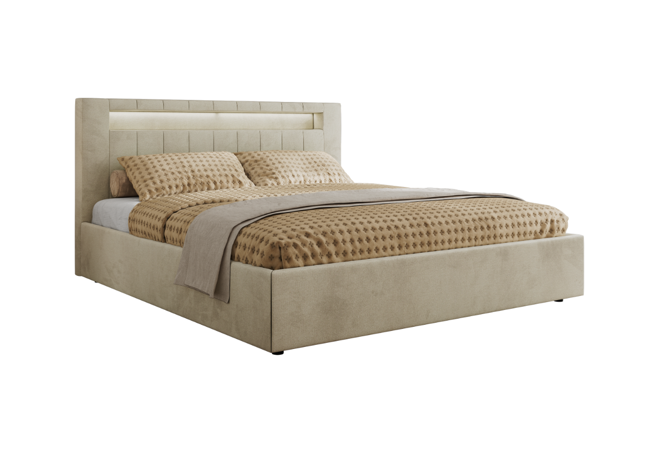 Łóżko tapicerowane GOLD 5 CLASSIC 180x200 - materac pocket - beżowy, welwet