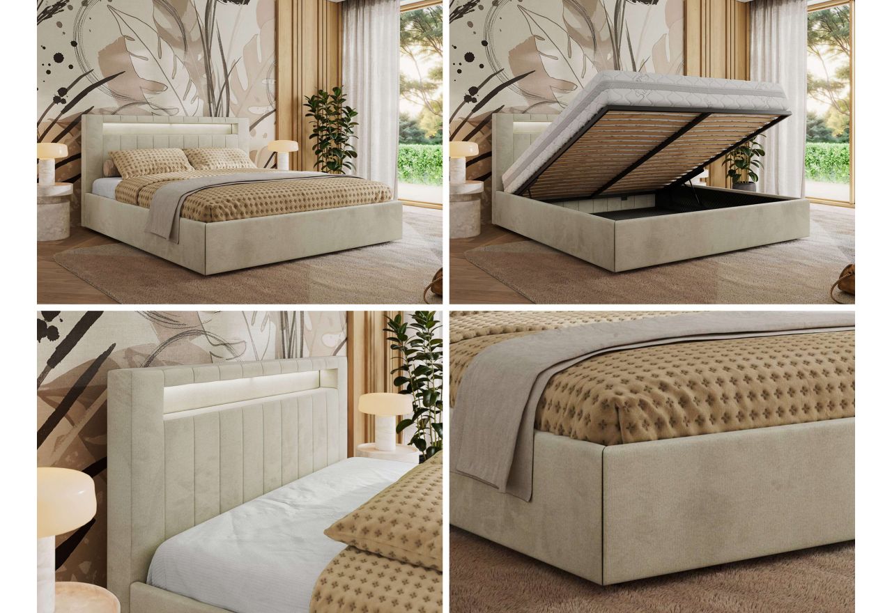 Łóżko tapicerowane GOLD 5 CLASSIC 180x200 - materac pocket - beżowy, welwet