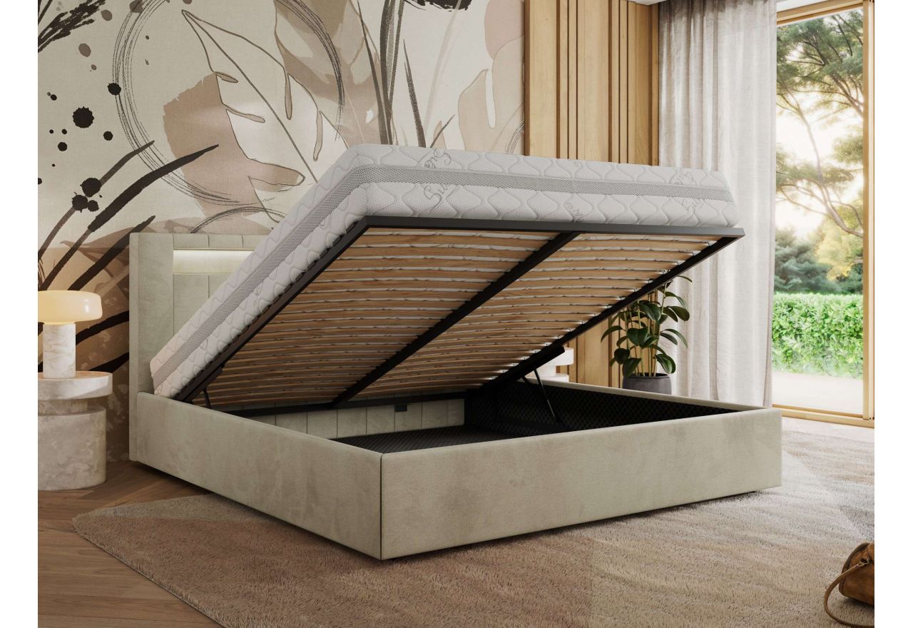 Łóżko tapicerowane GOLD 5 CLASSIC 200x200 - materac pocket - beżowy, welwet