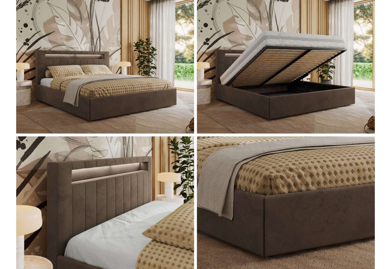 Łóżko tapicerowane GOLD 5 CLASSIC 180x200 - materac pocket - brązowy, welwet