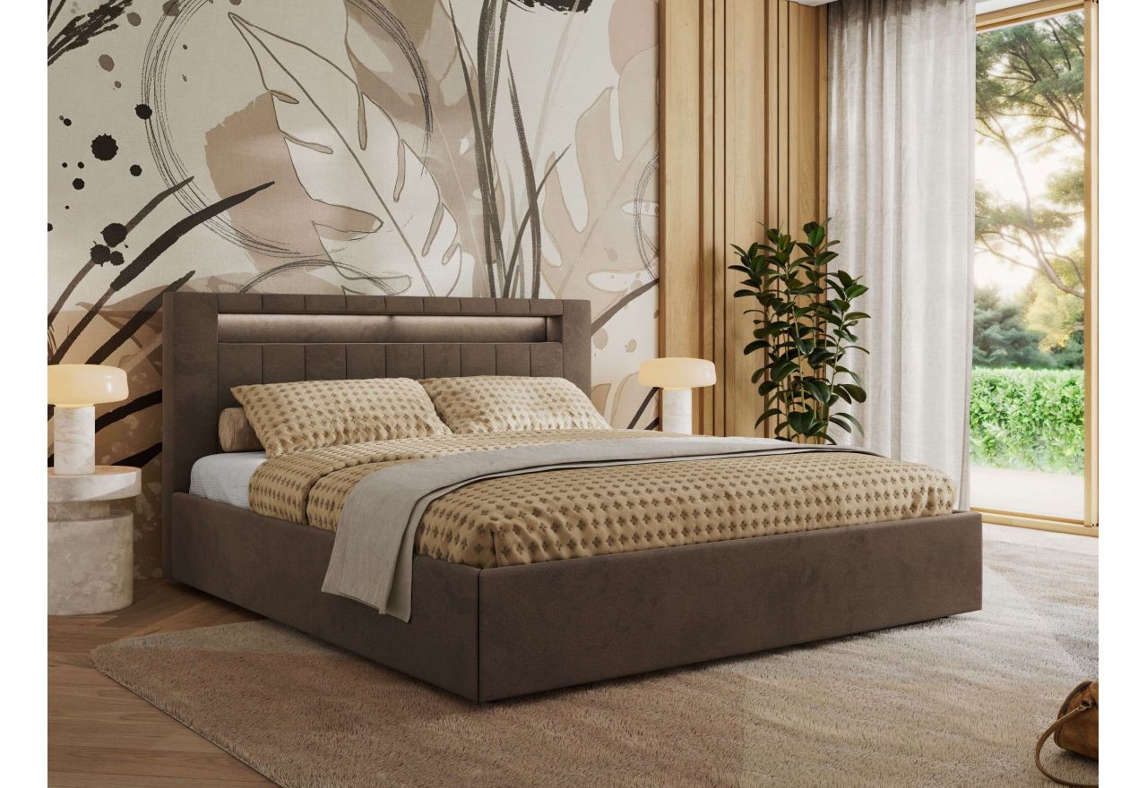 Łóżko tapicerowane GOLD 5 CLASSIC 160x200 - materac multipocket - brązowy, welwet