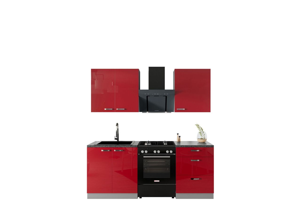 Modny zestaw mebli modułowych, kuchennych ROSE 140 cm (200 cm) - Szary / czerwony połysk