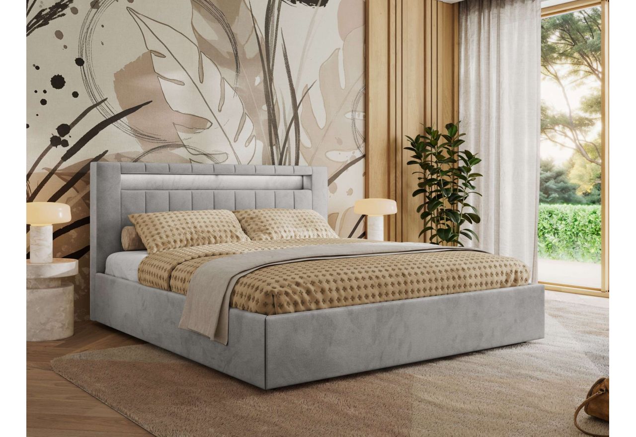 Łóżko tapicerowane GOLD 5 CLASSIC 160x200 - materac pocket - jasnoszary, welwet