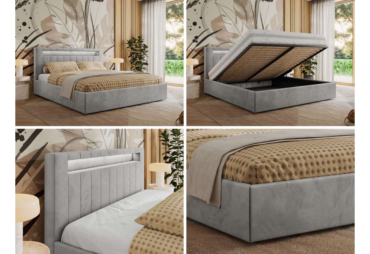 Łóżko tapicerowane GOLD 5 CLASSIC 180x200 - materac pocket - jasnoszary, welwet