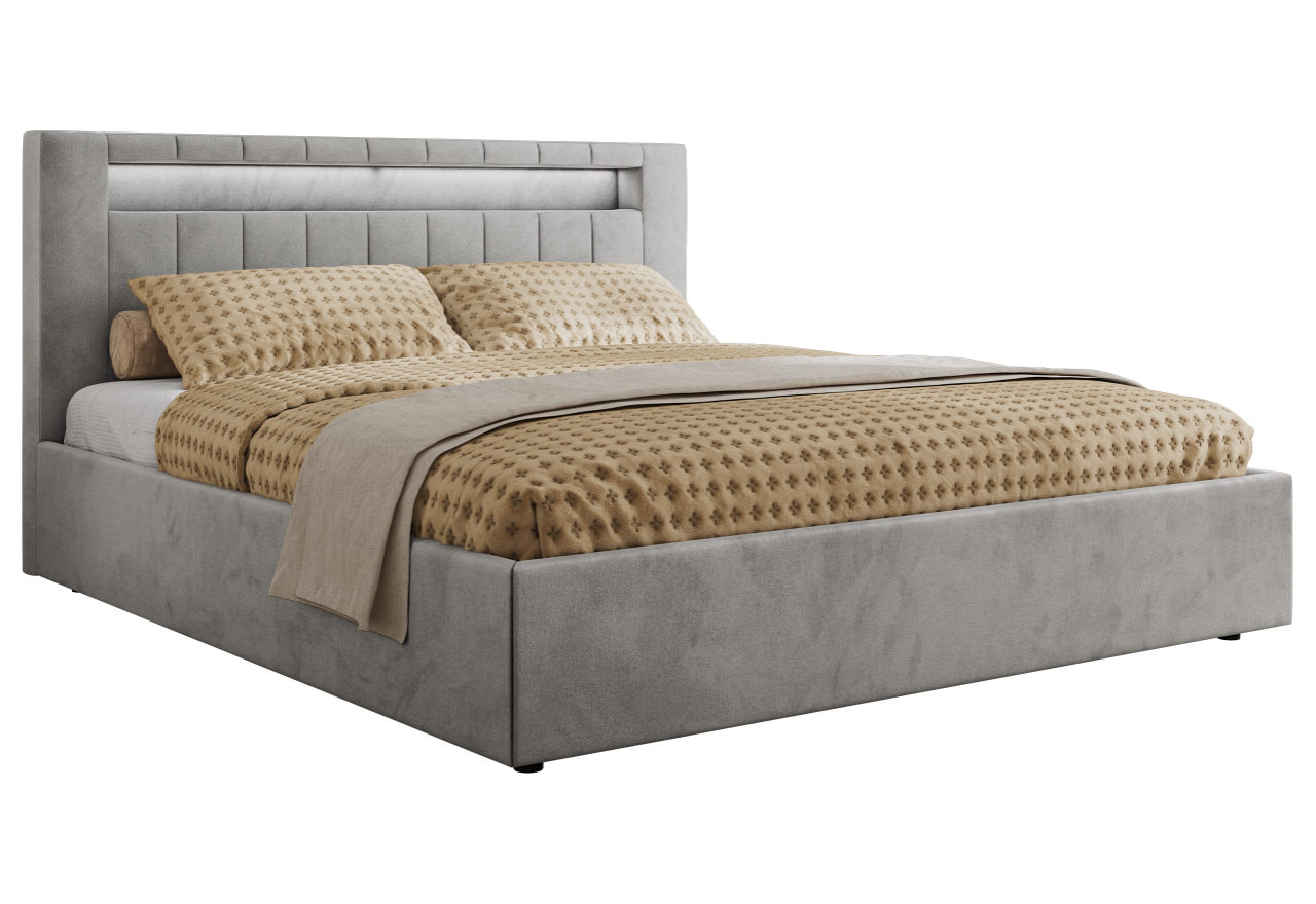 Łóżko tapicerowane GOLD 5 CLASSIC 160x200 - materac multipocket - jasnoszary, welwet