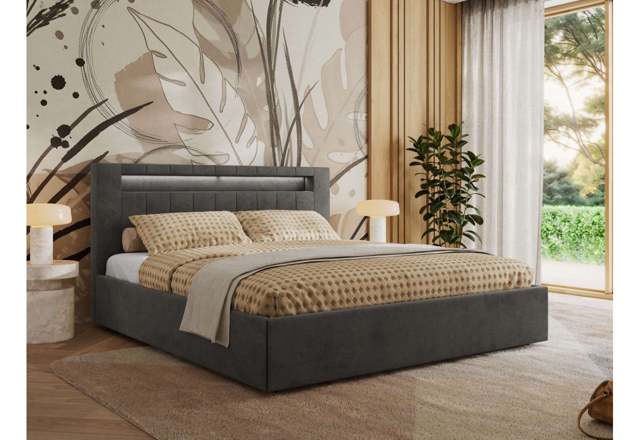 Łóżko tapicerowane GOLD 5 CLASSIC 180x200 - materac pocket - ciemnoszary, welwet