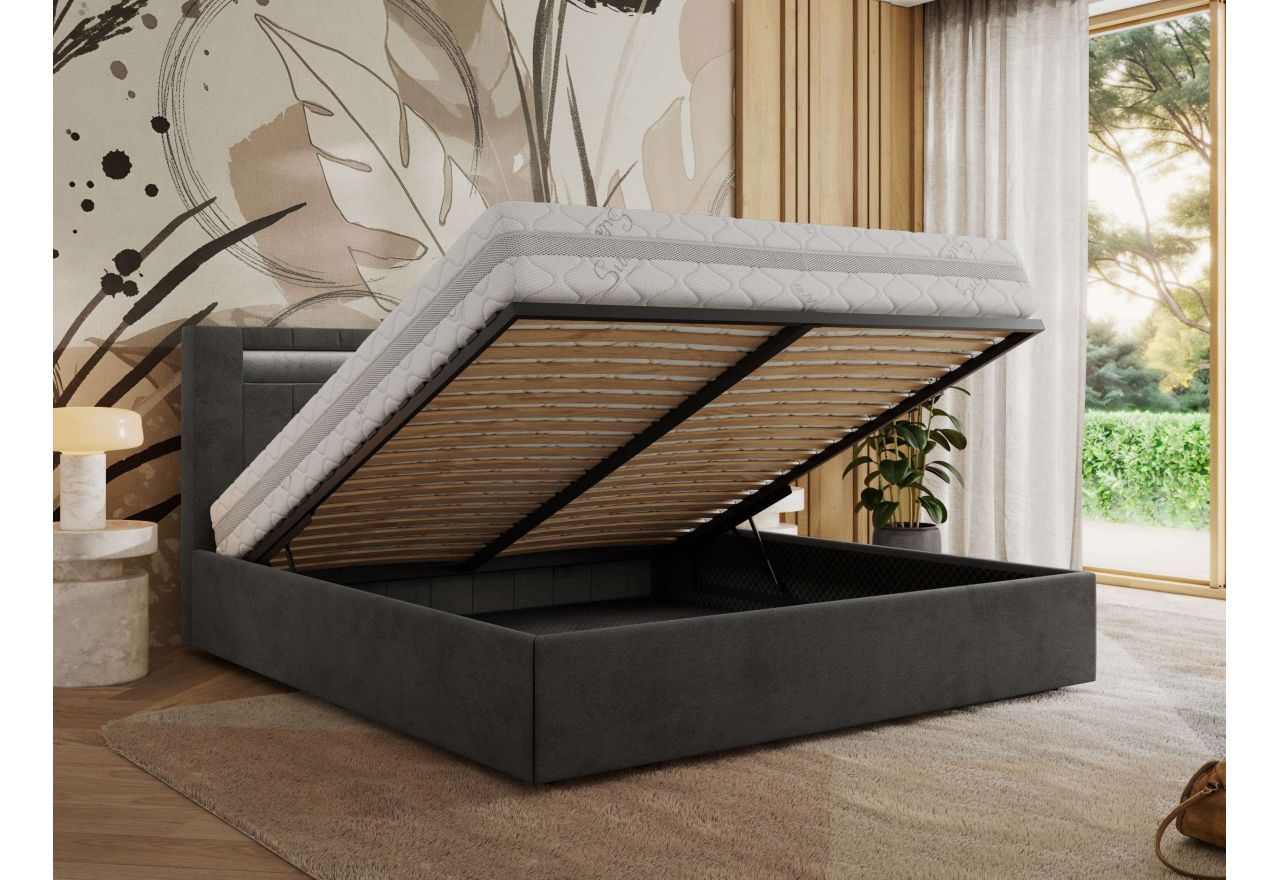 Łóżko tapicerowane GOLD 5 CLASSIC 180x200 - materac pocket - ciemnoszary, welwet