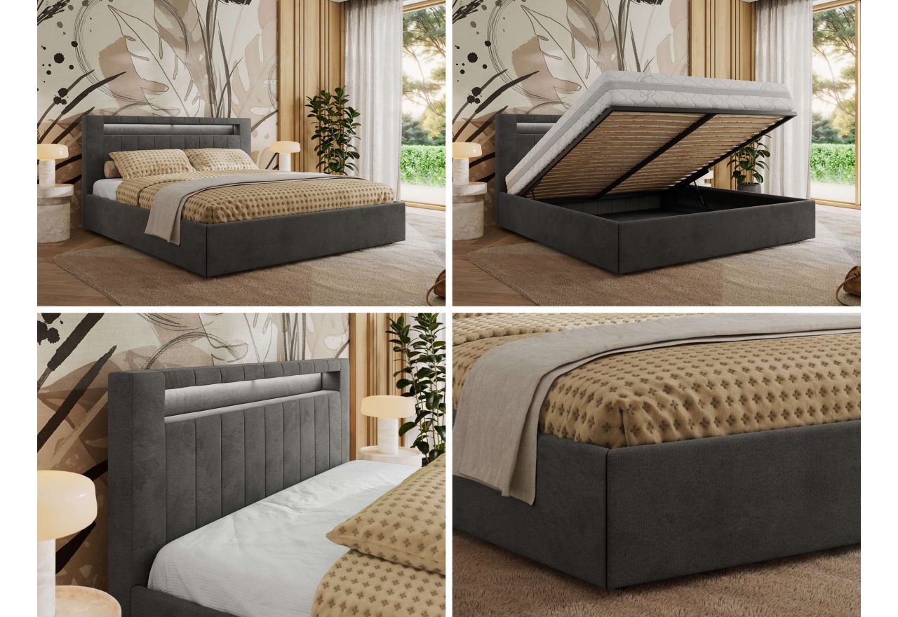 Łóżko tapicerowane GOLD 5 CLASSIC 180x200 - materac multipocket - ciemnoszary, welwet