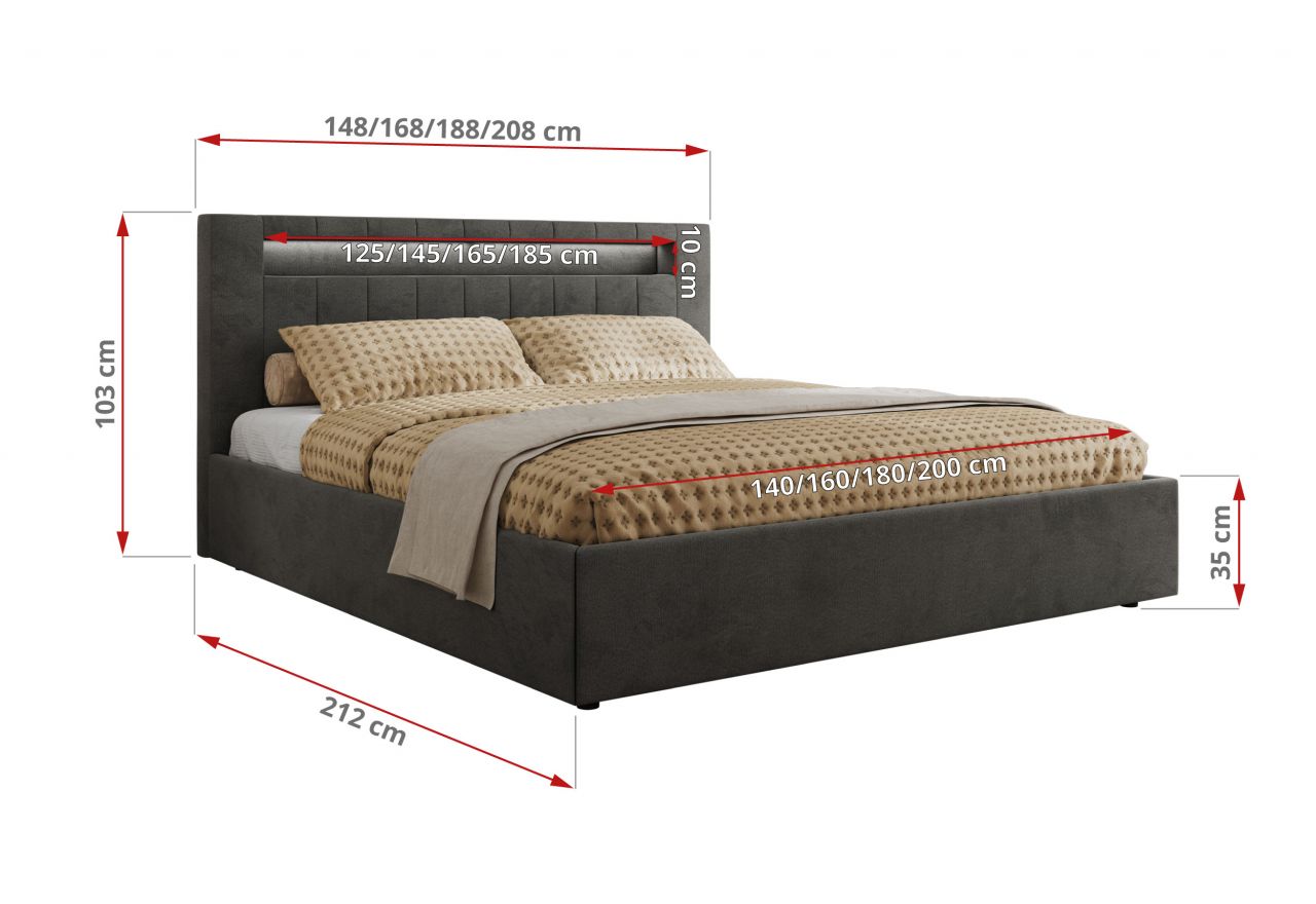 Łóżko tapicerowane GOLD 5 CLASSIC 180x200 - materac multipocket - ciemnoszary, welwet