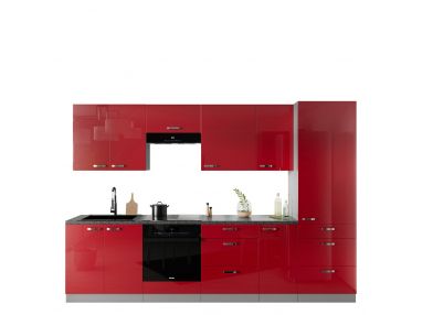 Zestaw, komplet mebli kuchennych 300 cm ROSE - Szary / czerwony połysk