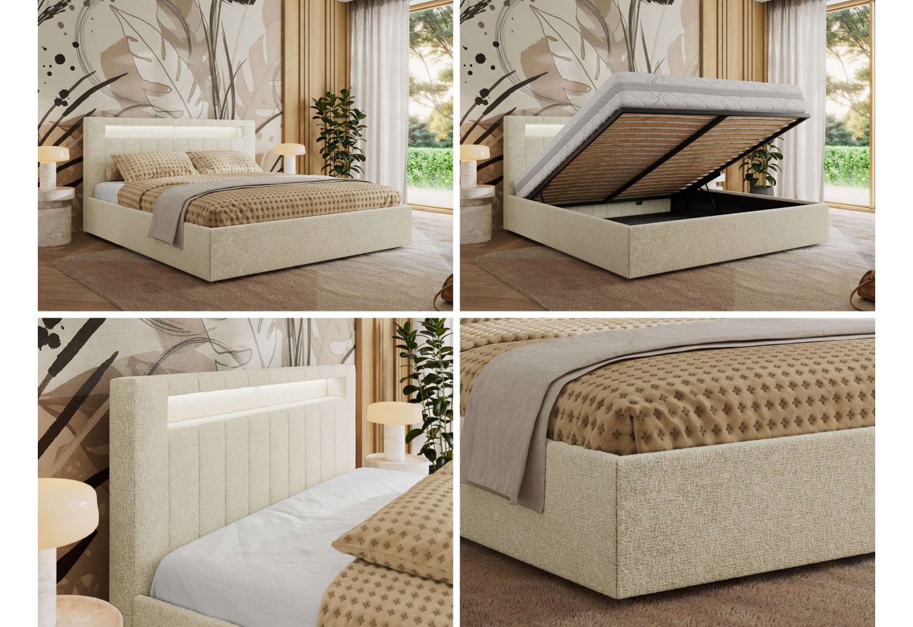 Łóżko tapicerowane GOLD 5 CLASSIC 180x200 - materac pocket - kremowy, struktura