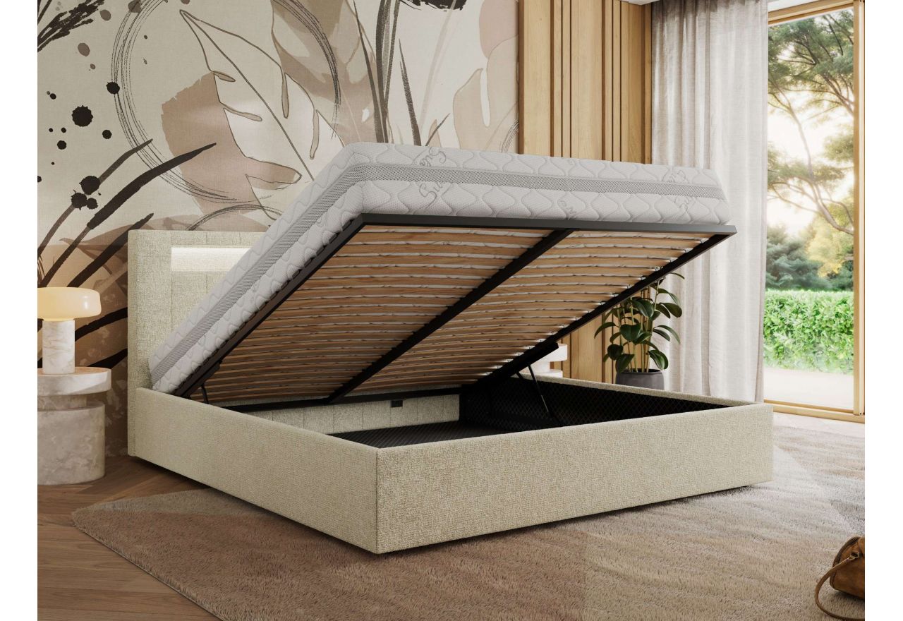 Łóżko tapicerowane GOLD 5 CLASSIC 200x200 - materac pocket - kremowy, struktura