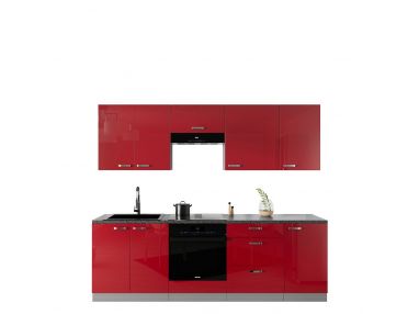 Meble modułowe do kuchni, zestaw kuchennych szafek w połysku ROSE 245 cm - Szary / Czerwony połysk