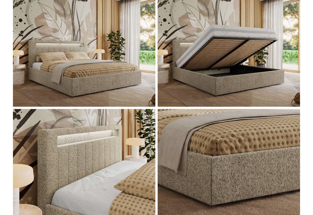 Łóżko tapicerowane GOLD 5 CLASSIC 160x200 - materac pocket - ciemnobeżowy, struktura