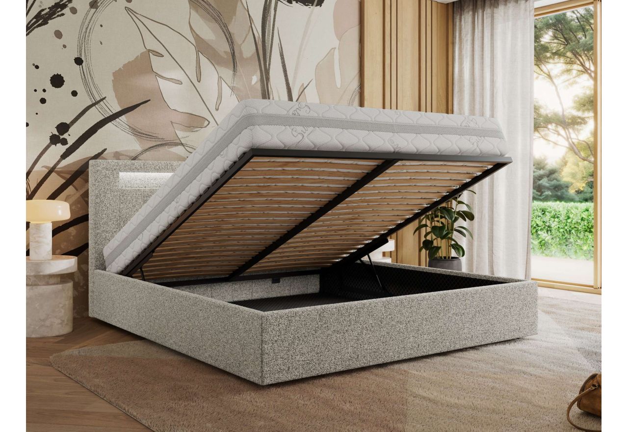 Łóżko tapicerowane GOLD 5 CLASSIC 200x200 - materac piankowy - jasnoszary, struktura