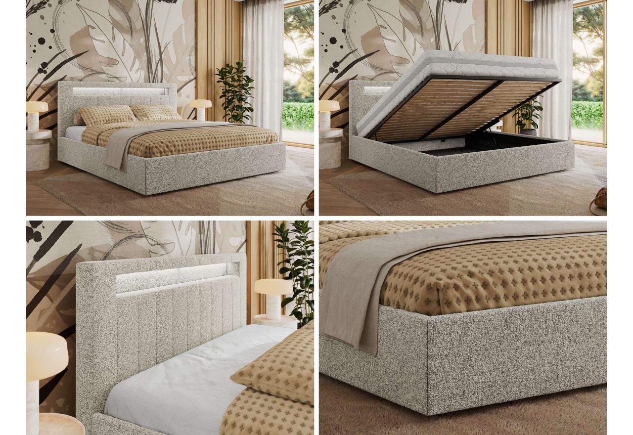Łóżko tapicerowane GOLD 5 CLASSIC 180x200 - materac pocket - jasnoszary, struktura