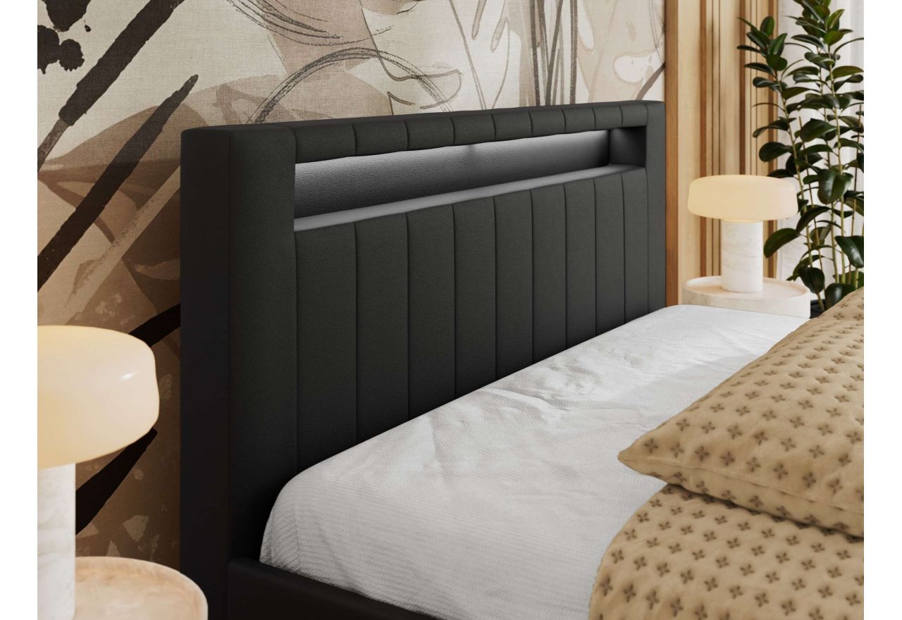 Łóżko tapicerowane GOLD 5 CLASSIC 140x200 - materac pocket - czarny, ekoskóra