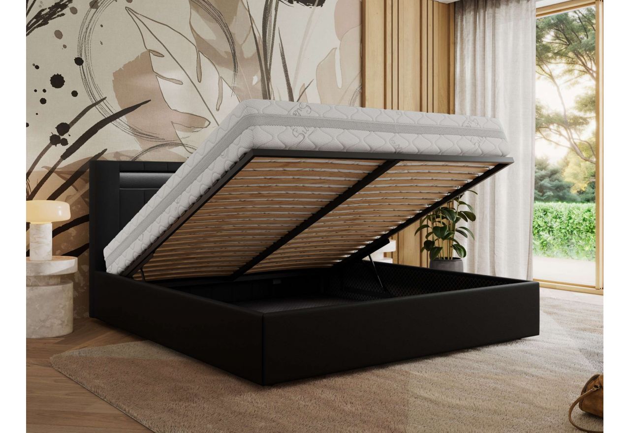 Łóżko tapicerowane GOLD 5 CLASSIC 160x200 - materac pocket - czarny, ekoskóra