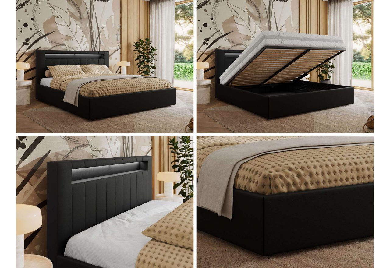 Łóżko tapicerowane GOLD 5 CLASSIC 160x200 - materac pocket - czarny, ekoskóra