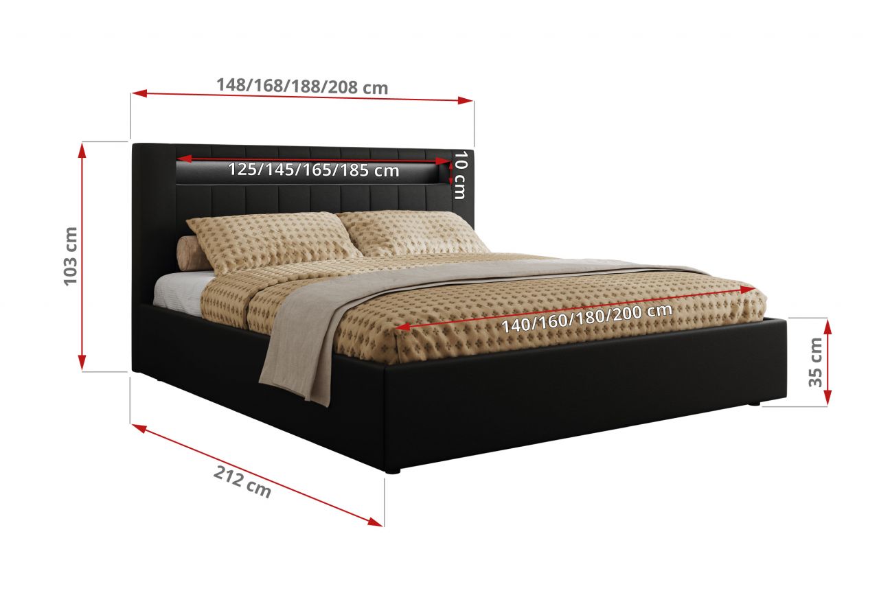 Łóżko tapicerowane GOLD 5 CLASSIC 160x200 - materac pocket - czarny, ekoskóra