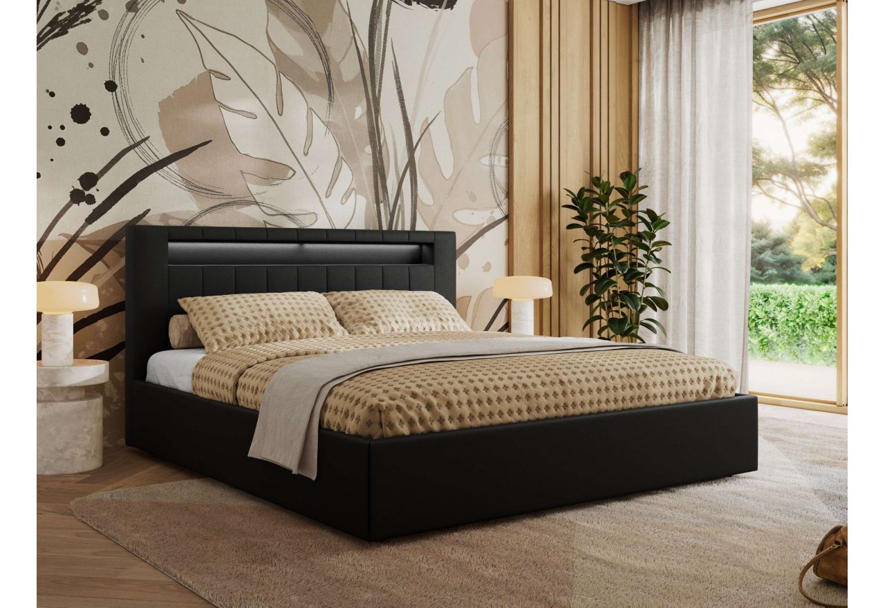 Łóżko tapicerowane GOLD 5 CLASSIC 160x200 - materac multipocket - czarny, ekoskóra