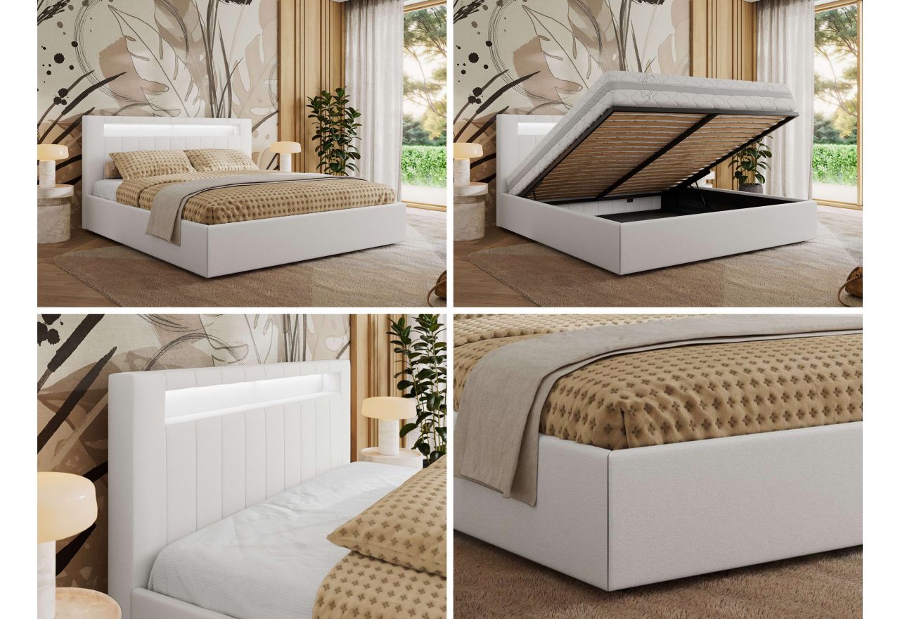 Łóżko tapicerowane GOLD 5 CLASSIC 200x200 - materac piankowy - biały, ekoskóra