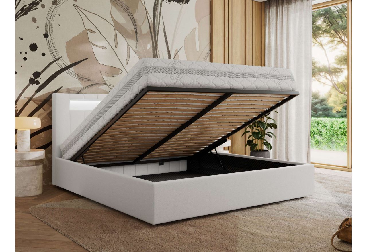 Łóżko tapicerowane GOLD 5 CLASSIC 140x200 - materac pocket - biały, ekoskóra