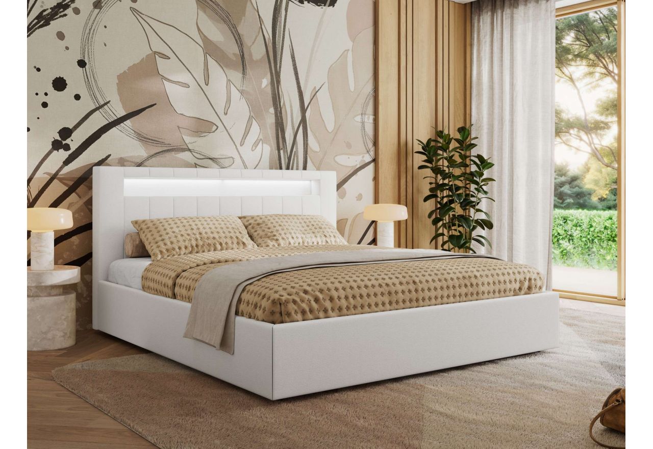 Łóżko tapicerowane GOLD 5 CLASSIC 160x200 - materac multipocket - biały, ekoskóra