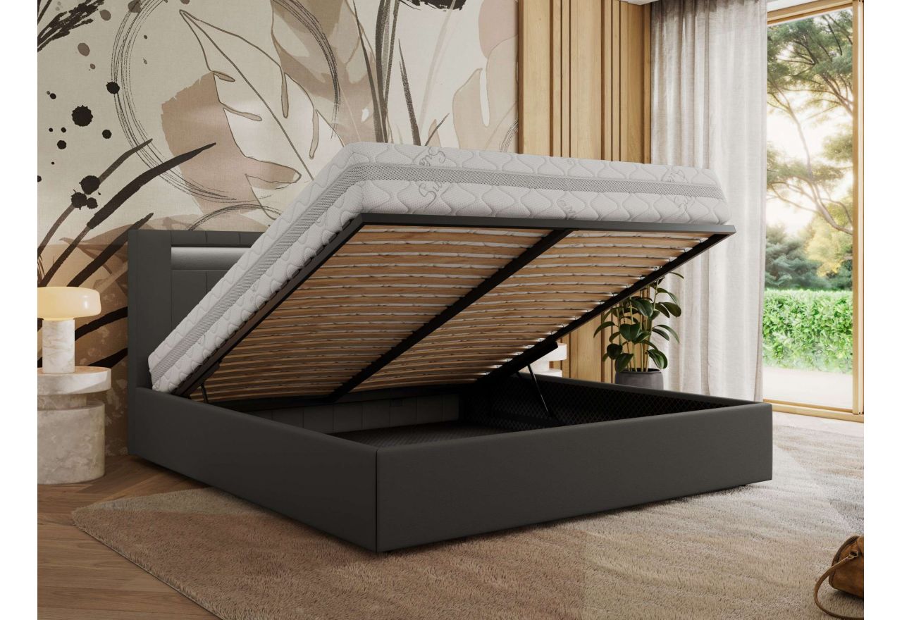 Łóżko tapicerowane GOLD 5 CLASSIC 200x200 - materac piankowy - szary, ekoskóra