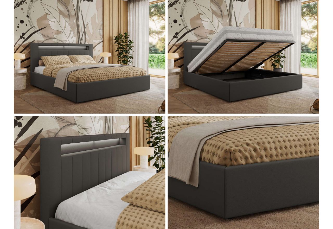 Łóżko tapicerowane GOLD 5 CLASSIC 160x200 - materac pocket - szary, ekoskóra