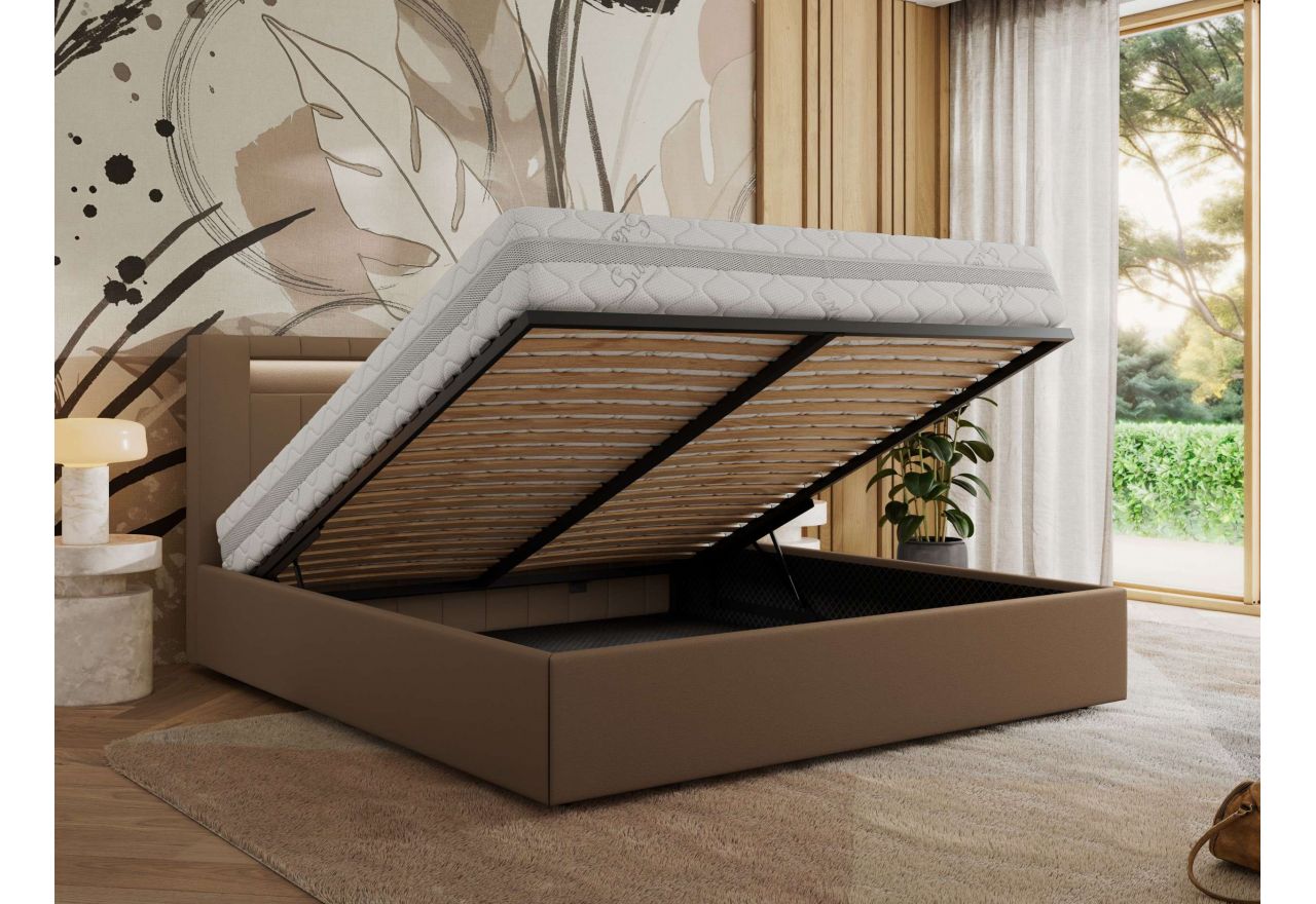 Łóżko tapicerowane GOLD 5 CLASSIC 140x200 - materac piankowy - brązowy, ekoskóra