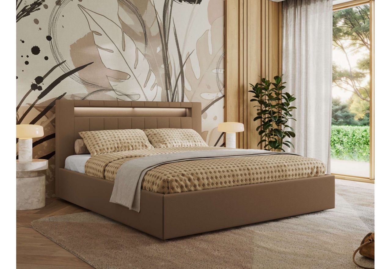 Łóżko tapicerowane GOLD 5 CLASSIC 160x200 - materac piankowy - brązowy, ekoskóra