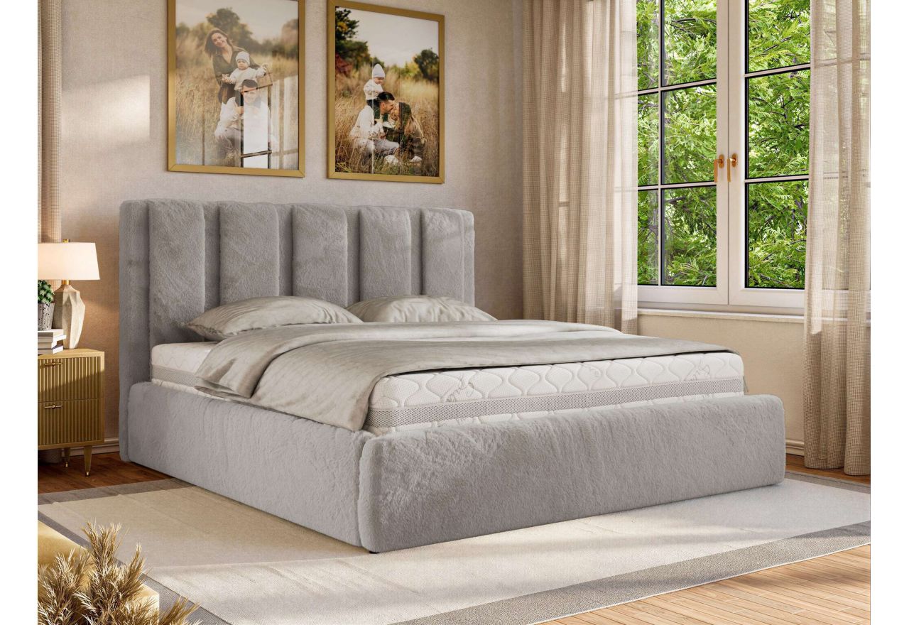 Łóżko tapicerowane SAVINO CLASSIC 140x200 - materac pocket - jasnoszary, plusz