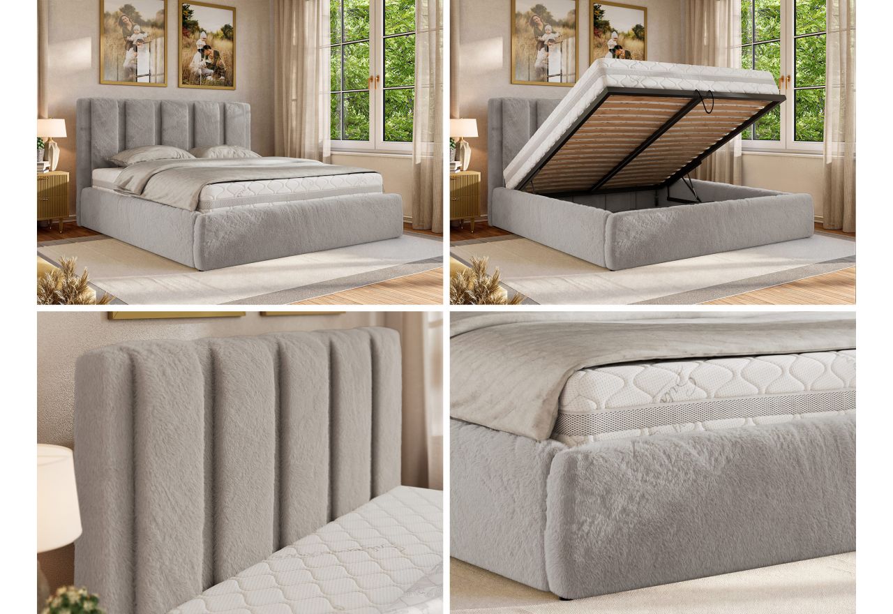 Łóżko tapicerowane SAVINO CLASSIC 180x200 - materac pocket - jasnoszary, plusz