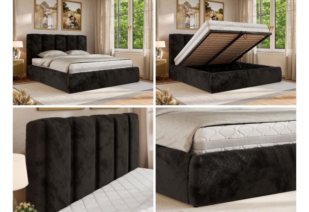 Łóżko tapicerowane SAVINO CLASSIC 160x200 - materac pocket - czarny, plusz