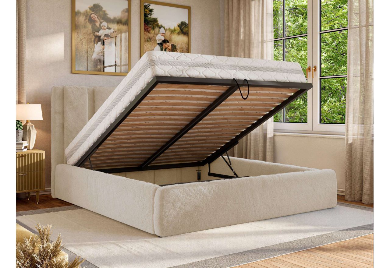 Łóżko tapicerowane SAVINO CLASSIC 200x200 - materac multipocket - kremowy, plusz