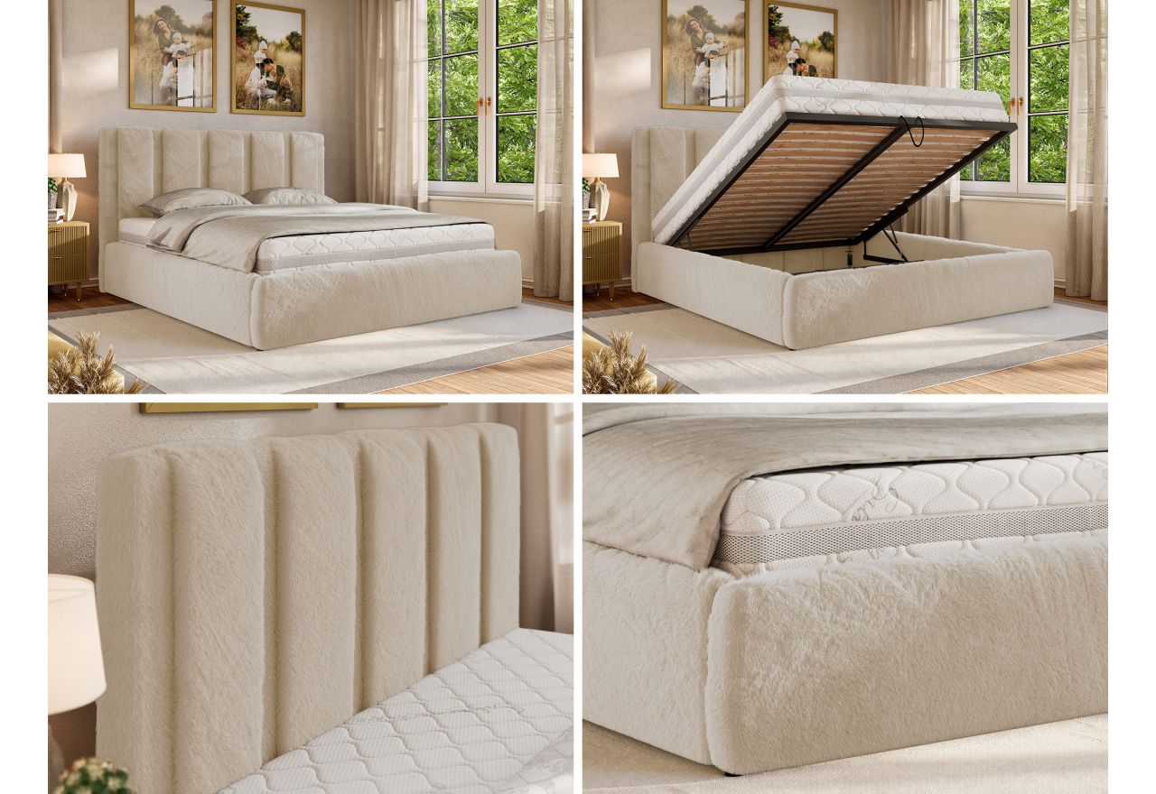 Łóżko tapicerowane SAVINO CLASSIC 200x200 - materac multipocket - kremowy, plusz
